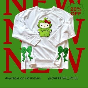 Hello Kitty Grinch w/ Side Bows Womens Big Girls Christmas Sweatshirt Tops Shirt